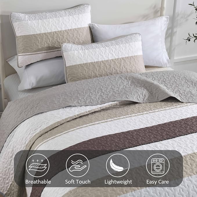 Dinjoy Full Size Boho Stripe Quilt Set, Breathable All-Season, 3-Piece Set Fits - Image 5