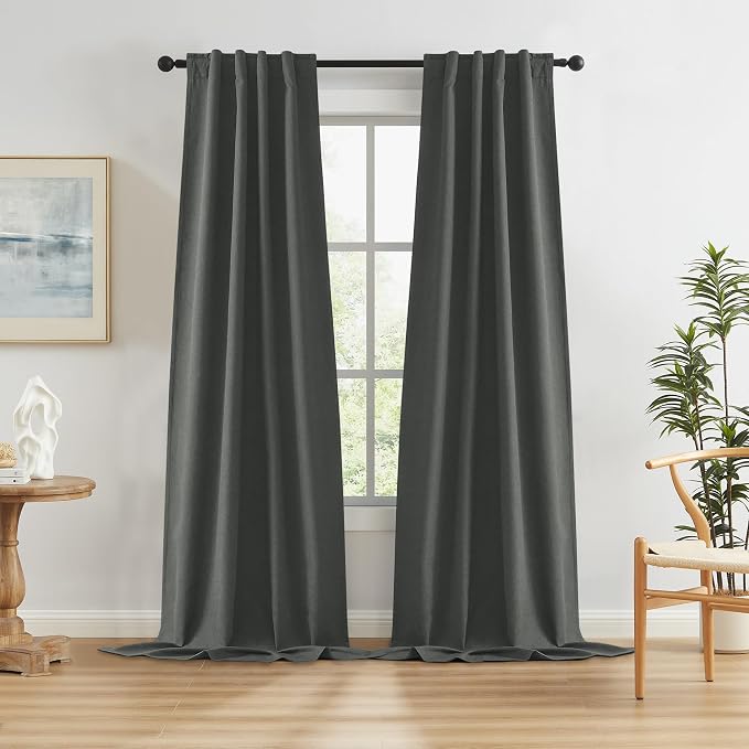 Dark Grey Blackout Curtains for Patio 120 Inch Length, Total Sun Blocking by KEQIAOSUOCAI