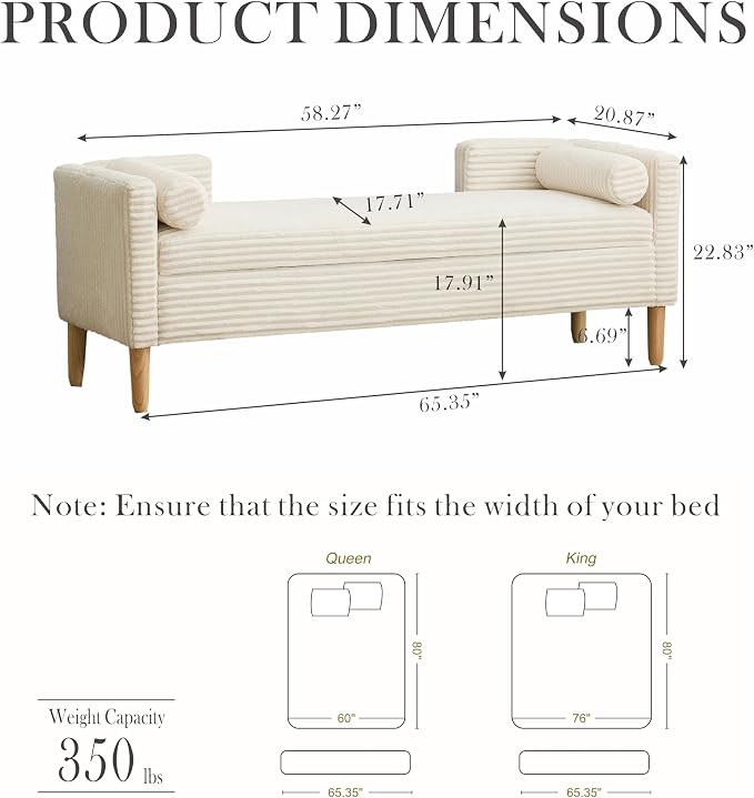 Aoiy & Wifon 65.35" W End of Bed Bench King Size, Upholstered Large Storage - Image 2