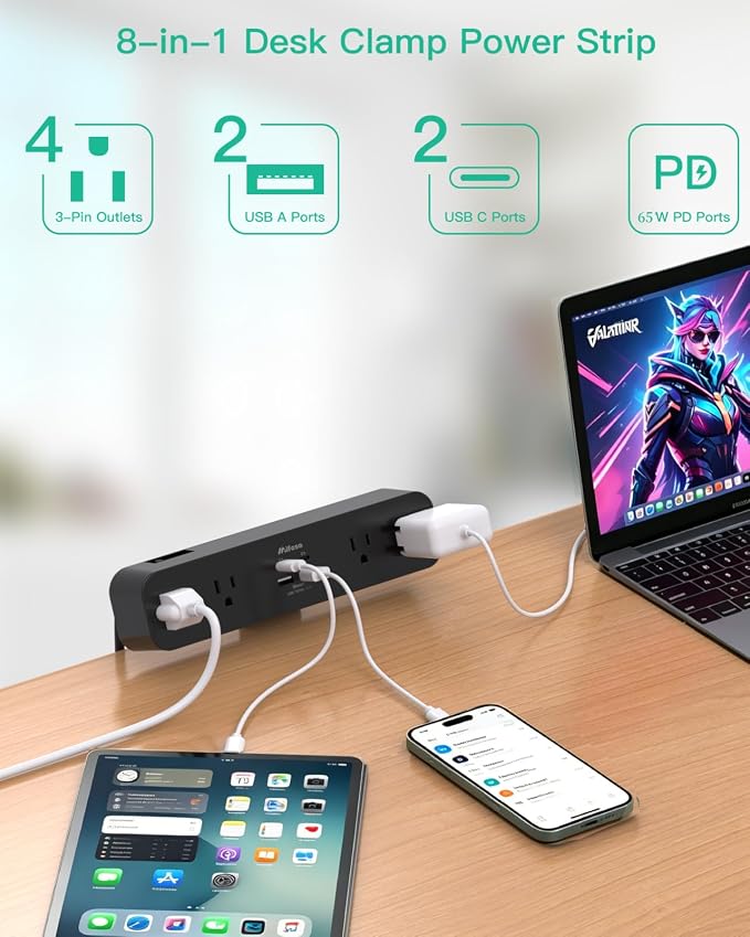 Mifaso PD65W Desk Clamp Power Strip, 1080J Surge Protector, 2 USB C | 4 Outlets - Image 3