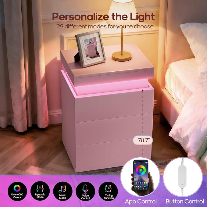 ADORNEVE Pink Nightstand with Charging Station and LED Lights | Night Stand - Image 6