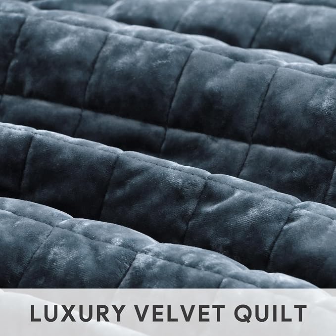 RECYCO Channel Box Stitch Velvet Quilt Set, King Size, Stormy Blue | Ultra Soft - Image 5