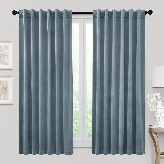 RYB HOME Stone Blue Velvet Curtains & Drapes 72 inches Long by RYBHOME