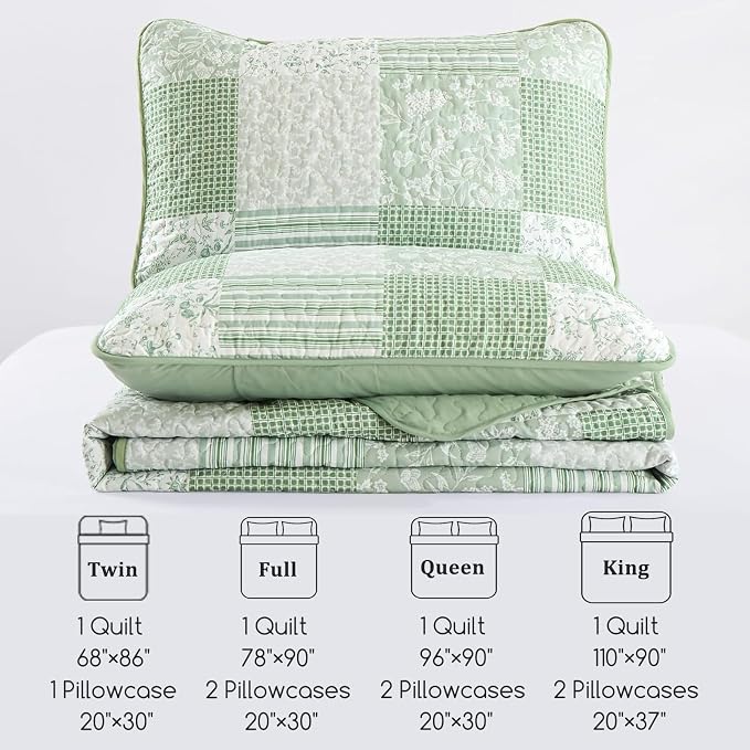 Mybedsoul Light Green Quilt Set Queen Size, 3 Pieces Plaid Floral Bedspread Set - Image 7