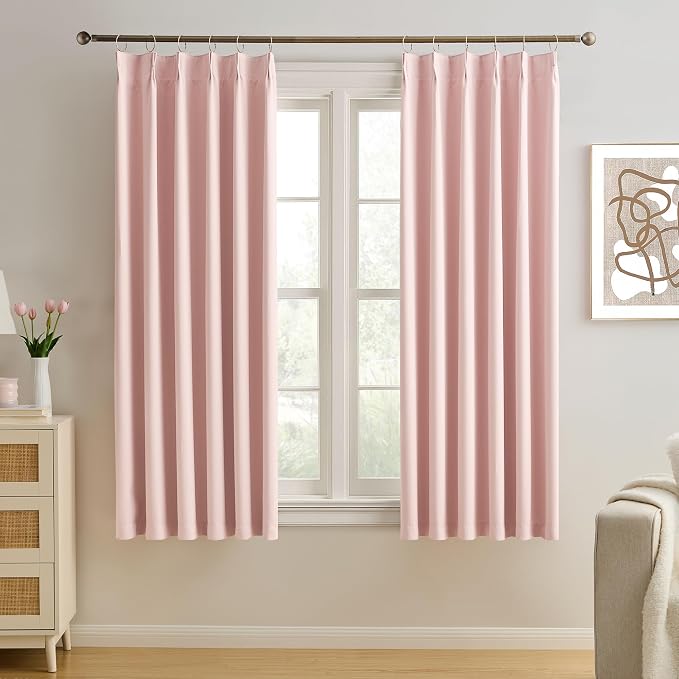 Pinch Pleated Baby Pink Blackout Curtains 72 Inches Long, Sound & Light by KEQIAOSUOCAI