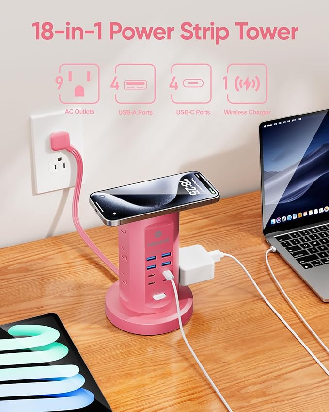 Power Strip Tower, kakyanill Charging Station 9 AC Outlets 8 USB Ports | 6 Ft - Image 3