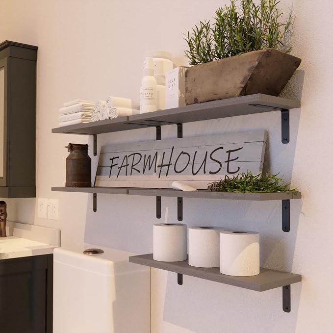 RICHER HOUSE Rustic Wood Floating Shelves Set of 5, Wall Mounted Shelf 16in | - Image 2
