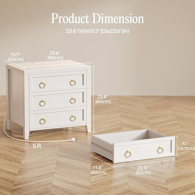 Huuger Paint Night Stand with Charger Station, 3 Drawer Nightstand Set of 2 | - Image 2