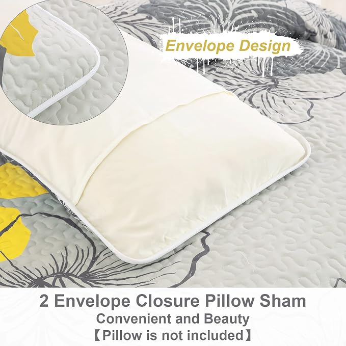 DJY 3 Pieces Quilt Set Queen Yellow Floral Pattern Quilt Coverlet Elegant Boho - Image 7