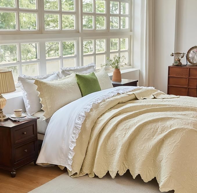Brandream Queen Size Quilt Set Cotton Beige Quilts Luxury Farmhouse Bedding Set - Image 2