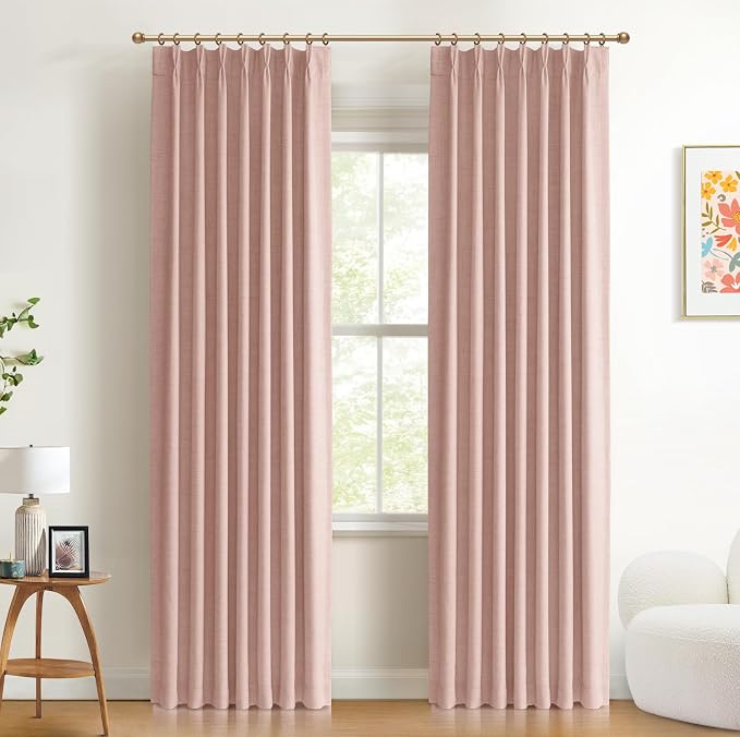 Pinch Pleated Full Blackout Faux Linen Curtains 102 Inches Long | Blush Pink by 100BlackoutShield