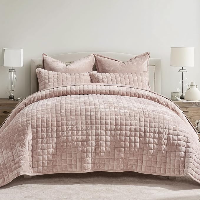 RECYCO Channel Box Stitch Velvet Quilt Set, King Size, Rose Pink | Ultra Soft by RECYCOHOMECOLLECTION