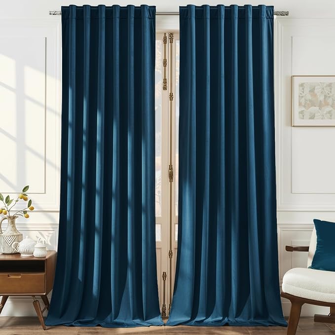 Timeper Dark Blue Velvet Curtains W52 x L90 inches 2 Panels, Back Tab & Rod by Timeper