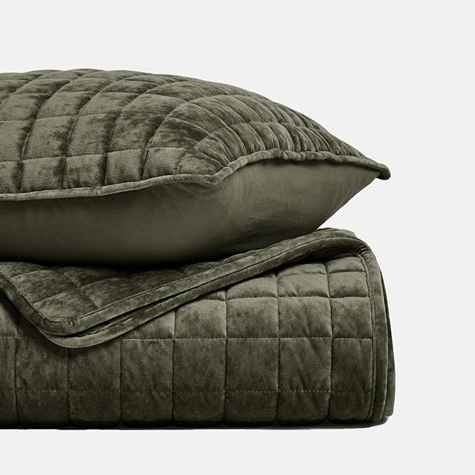 RECYCO Channel Box Stitch Velvet Quilt Set, Twin/Twin XL Size, Olive Green | - Image 5