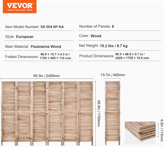 VEVOR Wood Room Divider, 6 Panel Wood Folding Privacy Screen, 66.9 Inches Tall - Image 8