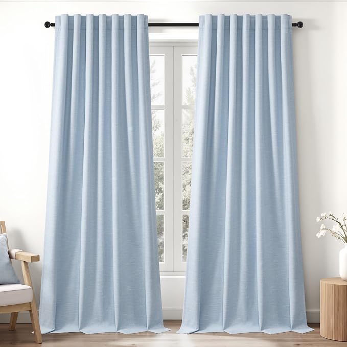 Topfinel Light Blue Linen Blackout Pleated 105 Inch Curtains - Image 3
