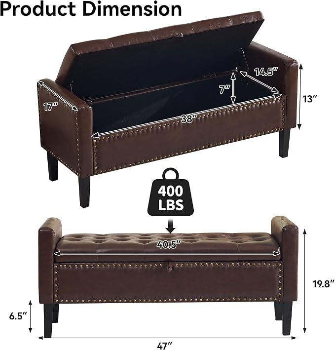 WUTUTUEE 47" Modern Water-Resistant Faux Leather Storage Ottoman Bench - Image 2