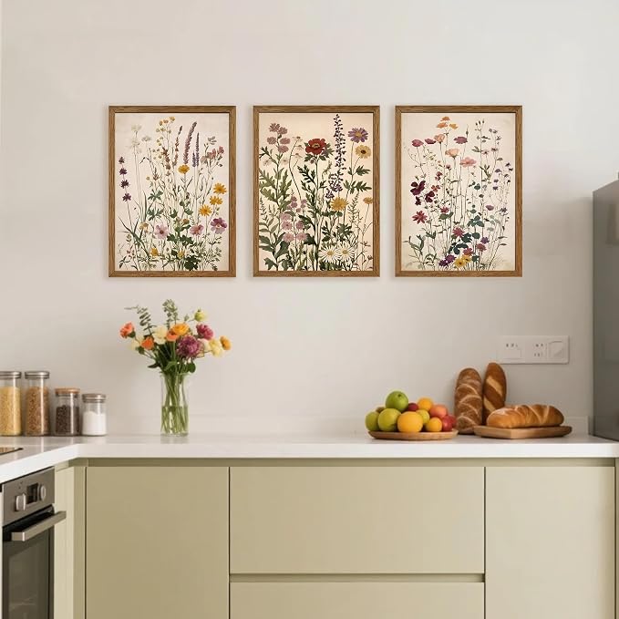 WRFON Botanical and Flower Canvas Wall Art, Framed Wildflower Wall Art Set of 3 - Image 3