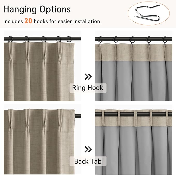 Pinch Pleated Full Blackout Faux Linen Curtains 96 Inches Long | Grey Beige - Image 3