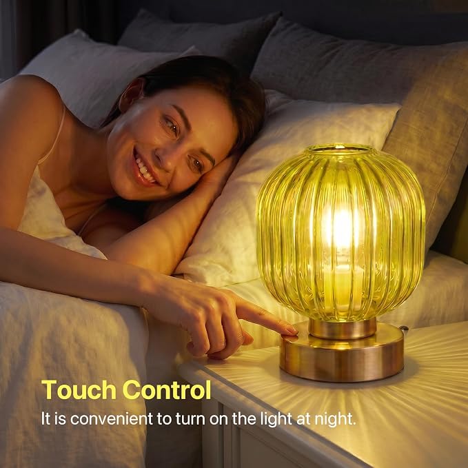 Elenhome Green Touch Glass Table Lamp Set of 2, 3-Way Dimmable Bedside Lamps - Image 2