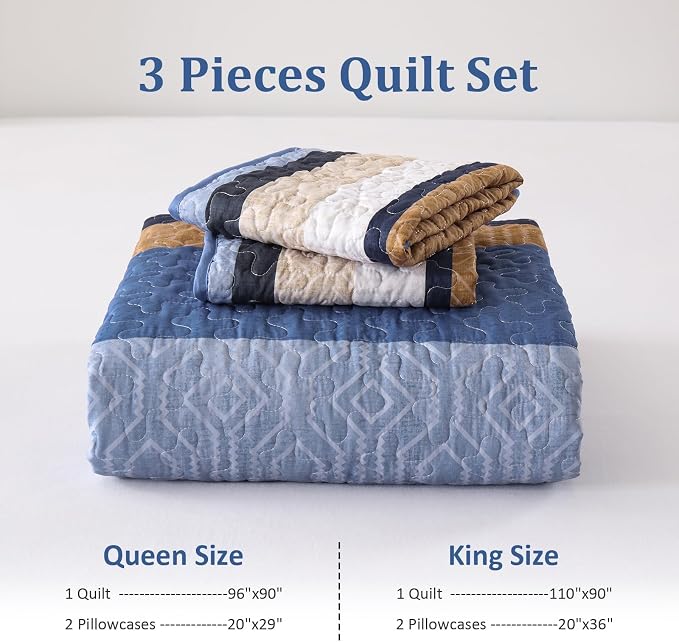 Dobuyly King Size Striped Quilt, Boho Blue Lightweight Bedspread Bedding Set | - Image 7