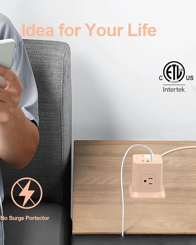 FDTEK Cube Power Strip USB C, 4 Outlets 3 USB 10 FT Extension Cord Pink | 10ft - Image 4