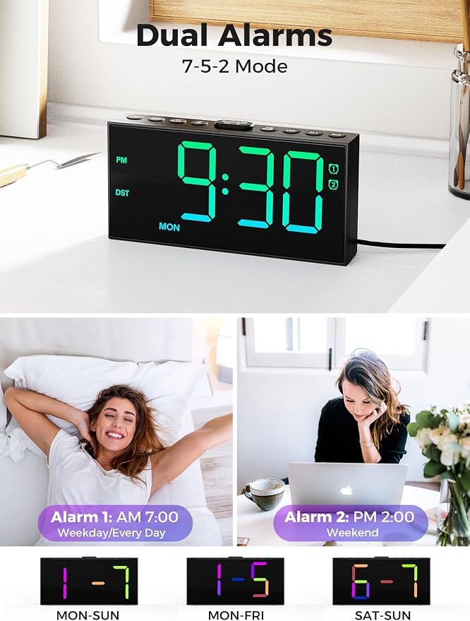 Digital Alarm Clock for Heavy Sleepers, 7.5-Inch RGB Display, Dual Alarms | 10 - Image 4