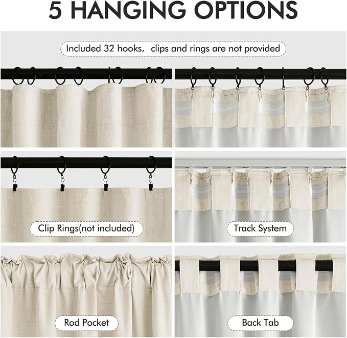 MIULEE 100% Blackout Back Tab Pleat Linen Curtains 50" Wx120 L, Light Cream | 2 - Image 6