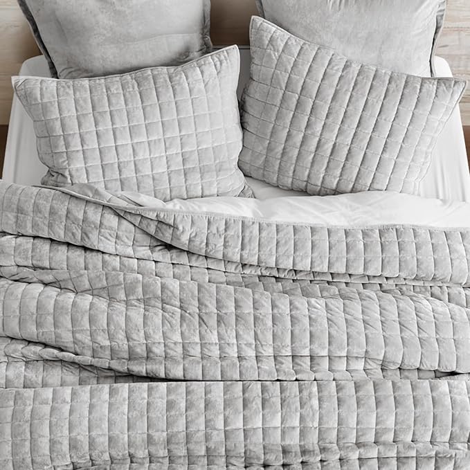 RECYCO Channel Box Stitch Velvet Quilt Set, Twin/Twin XL Size, Frost Gray | - Image 3