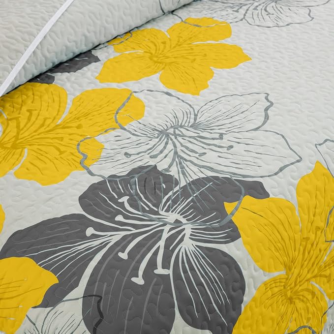DJY 3 Pieces Quilt Set King Yellow Floral Pattern Quilt Coverlet Elegant Boho - Image 4