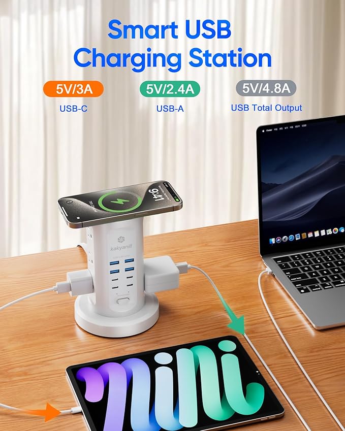 Power Strip Tower, kakyanill Charging Station 9 AC Outlets 8 USB Ports | 6 Ft - Image 5