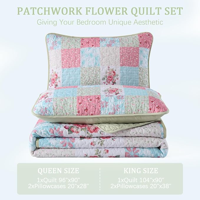 Mybedsoul Blue Pink Patchwork Queen Size Quilt, Soft Boho Floral Spring - Image 7