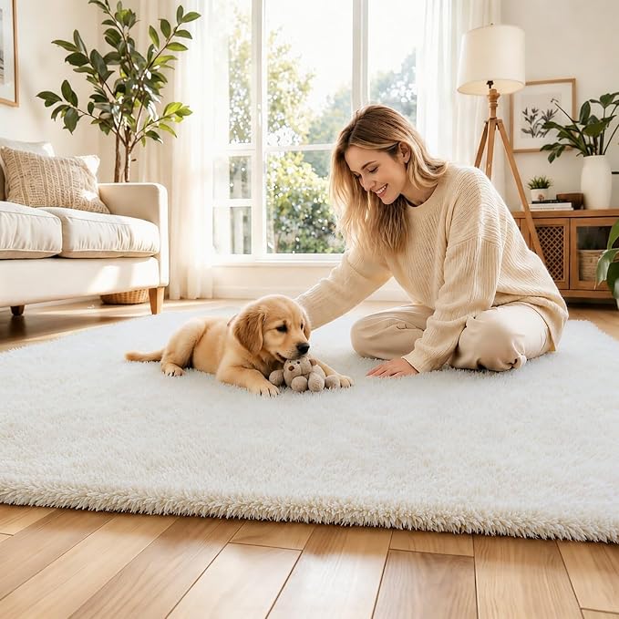 Fluffy Rug Shag Area Rug, Cream 3x5 Area Rugs - Image 3