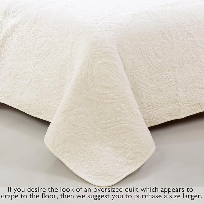 Cozy Line Home Fashions Ivory Cotton Quilt Set – 3-Piece Quilted Damask - Image 6