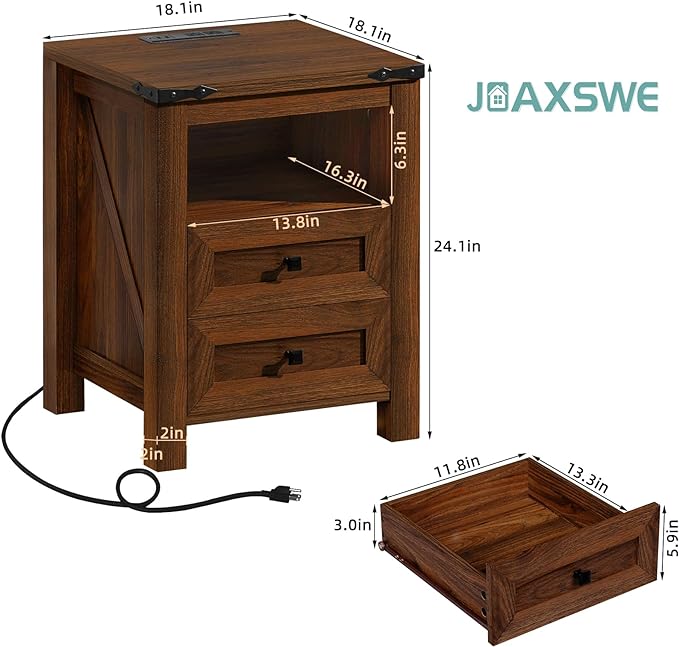 Joaxswe Nightstand with Charging Station and 2 Drawers, Farmhouse | Rustic - Image 2