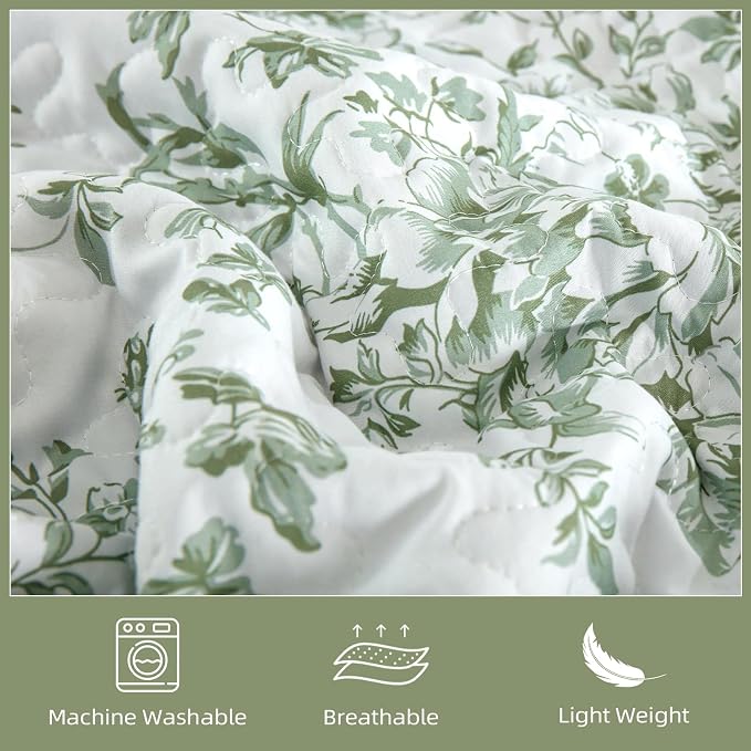 WONGS BEDDING Botanical Twin Quilt Set, Sage Green Lightweight Bedspread | - Image 4