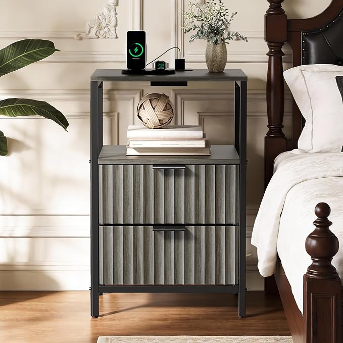 VINGLI Night Stand Set 2 with Charging Station and Fabric Drawers, Fluted Grey - Image 8