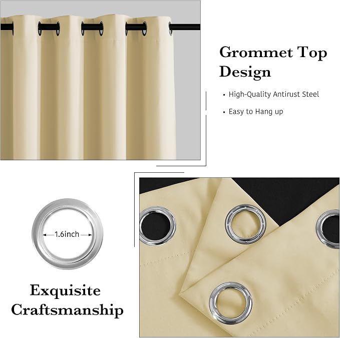 RYB HOME Beige 100% Blackout Curtain, Bedroom Patio Sliding Glass Door Drape | - Image 6