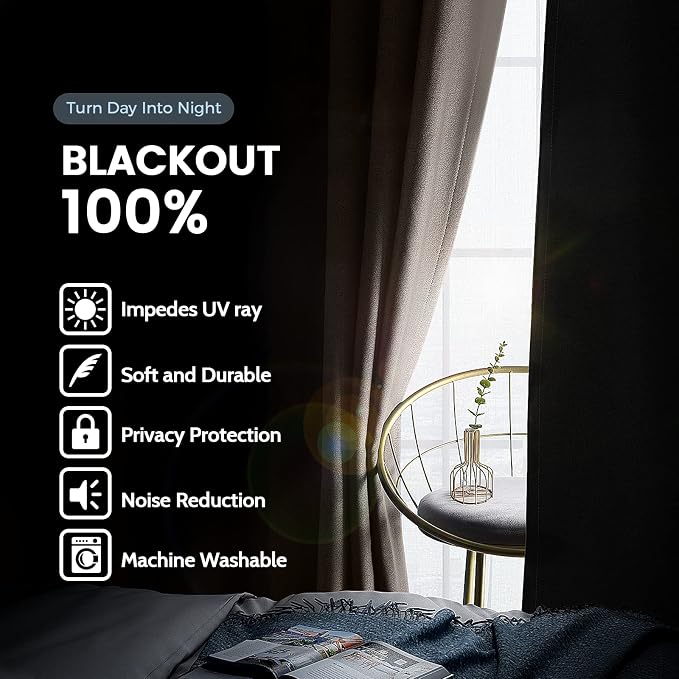 SimpleHome Cream 100% Blackout Curtains Room Darkening Living Room 96 Inch | - Image 3