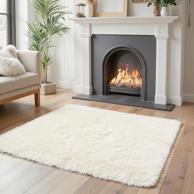 Small Shag Area Rug for Bedroom, 2x3 Cream Soft Plush Carpet | Non-Slip Floor - Image 2