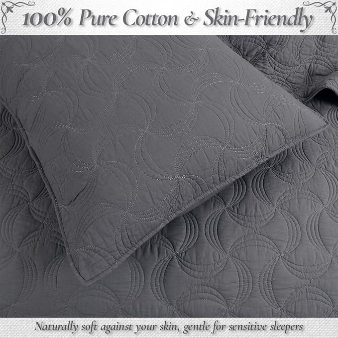 Cozy Line Home Fashions Charcoal Gray Cotton Quilt Set – 3-Piece Solid Textured - Image 3