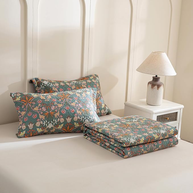 QSH 3Pcs Floral King Quilt Set -100% Cotton Quilt King Size Bedding Set Luxury - Image 8