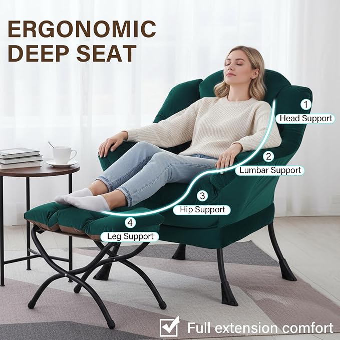 Welnow Lazy Chair with Ottoman, Reading Chair with Footrest, Dark Green | A - Image 5