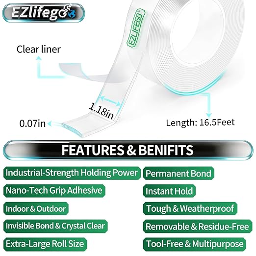 EZlifego Heavy Duty Invisible Bond Nano Double Sided Mounting Tape, 16.5FT | - Image 2