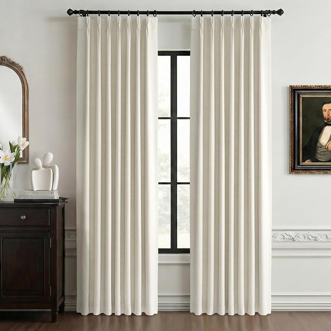 Pinch Pleated Full Blackout Faux Linen Curtains 84 Inches Long | Beige White by 100BlackoutShield
