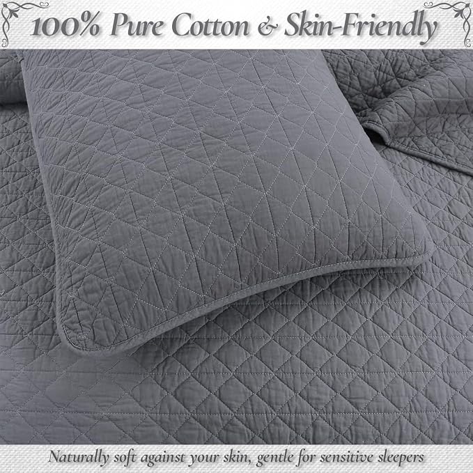 Cozy Line Home Fashions 100% Cotton Quilt Set – 3-Piece Charcoal Gray Solid - Image 6