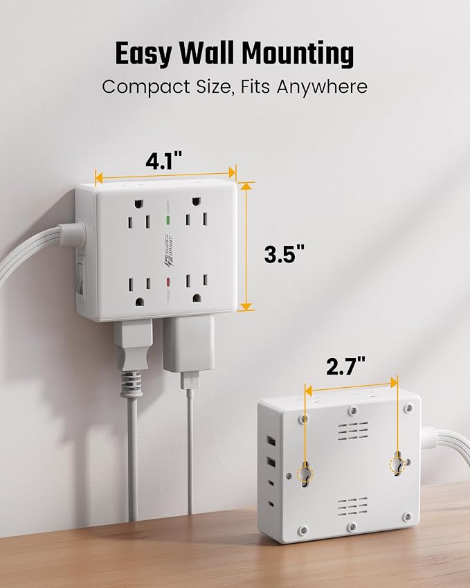 SUPERDANNY Extension Cord, Flat Plug Surge Protector Power Strip, 15Ft | 8 AC & - Image 7