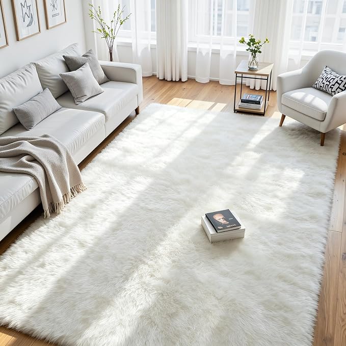 9x12 Fluffy Area Rug for Living Room: Soft Non-Slip White Bedroom Carpet | by Oriannal