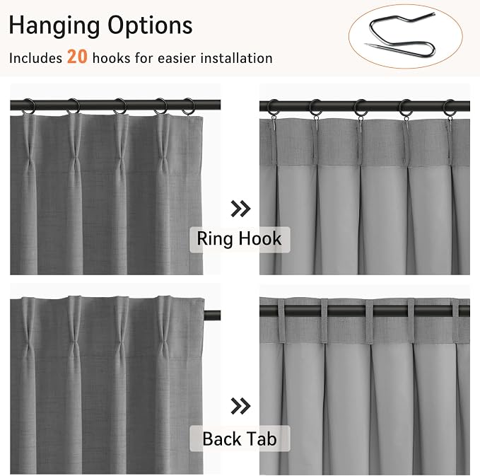 Pinch Pleated Full Blackout Faux Linen Curtains 102 Inches Long | Dark Grey - Image 3