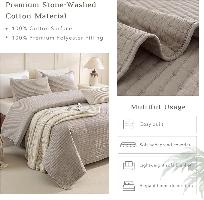 CozyTide Oversized Queen Quilt 102"x118", Stone-Washed Cotton Lightweight - Image 4